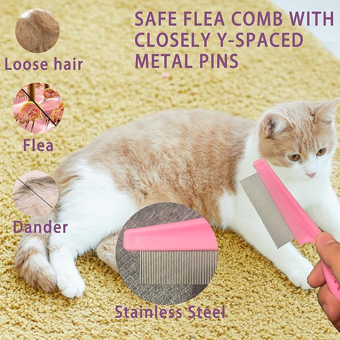 Cat Grooming Brush Kit 6 Tools - Deshedding & Dematting for Long/Short Hair, Self-Cleaning Slicker Brush with 6-in-1 Flea Comb for Cats & Kittens (Pink)-PawvioPets