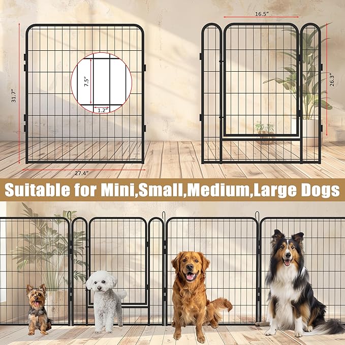 Dog Playpen, Outdoor Dog Fence, 16 Panels, 32" H Dog Pen for Medium/Small Dogs, Heavy Duty Metal Pet Fence with Gate, Portable Dog Fence for RV Camping and Yard (Black)-PawvioPets