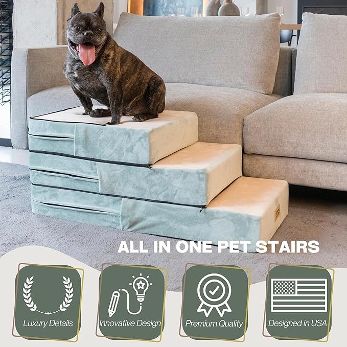 All-in-One Adjustable Dog Stairs – 5-Step Premium Pet Ramp for Small to Large Dogs – Sturdy, Non-Slip & Versatile for Beds, Sofas & More - Soft Cover, Modern Design (Green)-PawvioPets