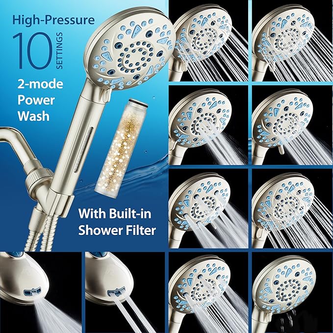 AquaCare High Pressure 10 Spray Mode Filtered Showerhead - Handheld Shower Head Filters Chlorine to Heal Dry Skin, Revive Hair - Dual Power Wash Cleans Tub, Tile, Pets - Hard Water Softener, Nickel-PawvioPets
