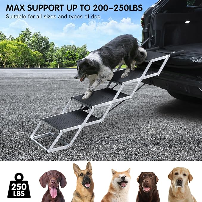 DGSL Dog Ramp for Car, 4-Step Folding Dog Stairs, Aluminum, Black, Supports Up to 250 Lbs-PawvioPets