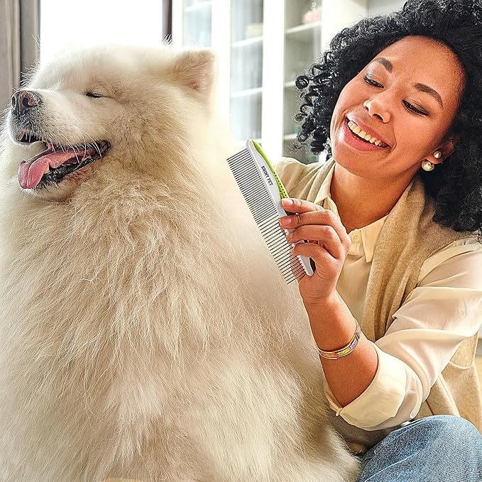 Dog & Cat Comb – Removes Tangles, Knots, and Matted Fur – Grooming Tool with Stainless Steel Teeth and Non-Slip Handle – Best Pet Hair Comb for Home Grooming Kit – Includes eBook Guide-PawvioPets