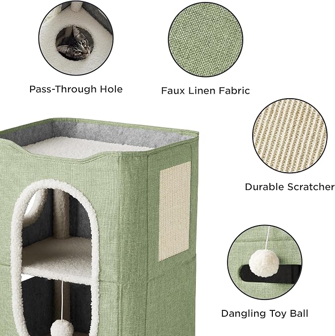 Bedsure 2 Story Cat House - Cat Condos for Indoor Cats with Scratch Pad and Fluffy Ball Hanging, Small Pet Cave Furniture Hideaway for Multi Pets, 18x14x23 inches, Green-PawvioPets