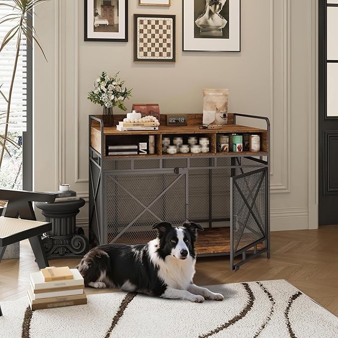 Dog Crate Furniture, 48" Heavy Duty Wooden Dog Crate End Table, XL Dog Kennel Furniture Large Breed, Decorative Dog Kennel Indoor with 3 Drawers & Steel Tubes 48" L x28 W x38 H (Rustic Brown)-PawvioPets