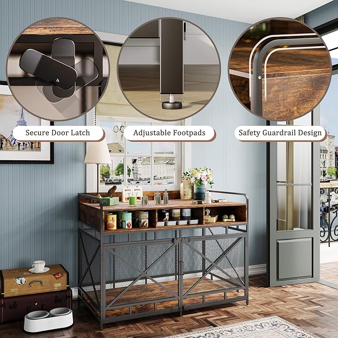 Dog Crate Furniture, 48" Heavy Duty Wooden Dog Crate End Table, XL Dog Kennel Furniture Large Breed, Decorative Dog Kenne Indoor with 3 Drawers & Steel Tubes 48" L x28 W x36 H (Rustic Brown)-PawvioPets