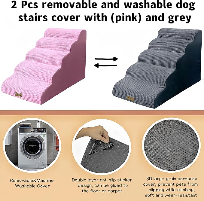 Dog Stairs & Pet Ramp for Small/Large Dogs to High Beds/Couches - 5 Steps 24-inch Height for 18-30 inch Furniture, 2 Washable Covers (Pink, Grey), Non-Slip Balanced 33D Design for Old Dogs & Cats-PawvioPets