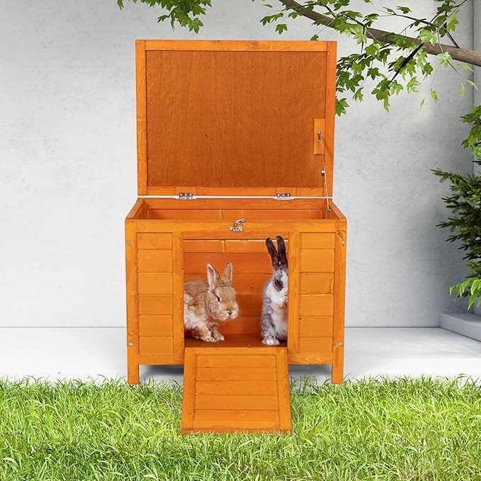 COZIWOW 24inches Wooden Catio Outdoor Cat House Small Animal House，Rabbit Hutch Indoor，Stable Weatherproof Bunny Cage Pet Shelter for Small Cat Dog Rabbit Guinea Pig(Orange)-PawvioPets