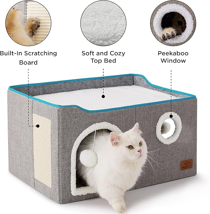 Bedsure Large Cat Beds for Indoor Cats - Extra Wide Cat Cube House for Small Pet with Fluffy Ball Hanging and Scratch Pad, Foldable Pet Cave Hideaway for Multiple Cats, 23.6x16.9x13 inches, Grey-PawvioPets