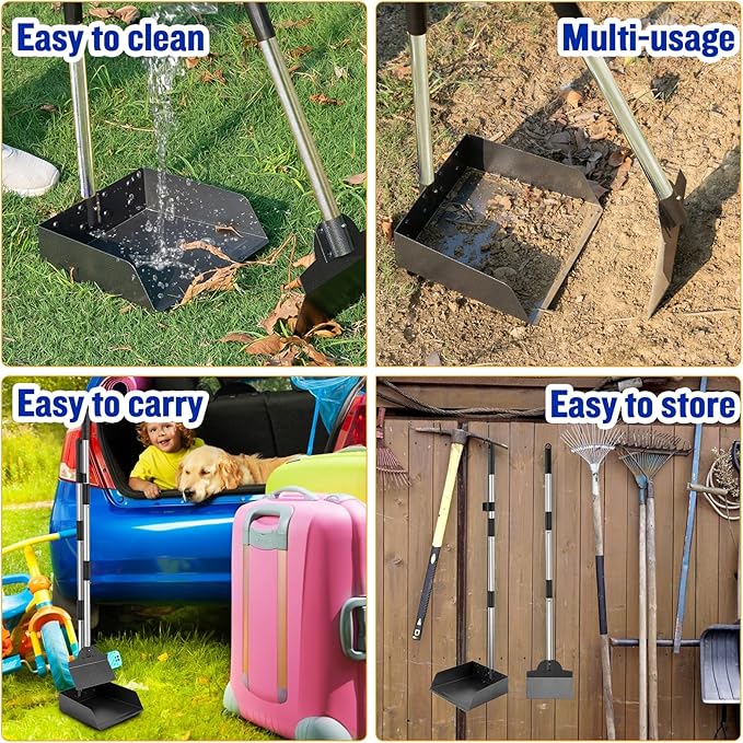 Dog Pooper Scooper, Tray Rake and Spade 3 Pack Poop Scoop Adjustable Long Handle Metal with Bin for Pet Waste Removal, No Bending Clean Up for Large and Small Dogs-PawvioPets