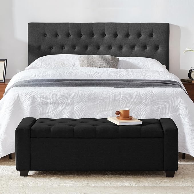 48" Ottoman with Storage, Black Storage Ottoman Bench with Safety Hinge, Upholstered Entryway Bench with Seating for Bedroom, Living Room, Holds up to 330 lb-PawvioPets