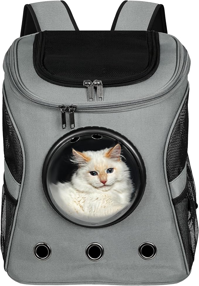 Cat Backpack Carrier, Airline Approved, Space Capsule Bubble Design, Ideal for Cats & Dogs up to 28-35 lbs, with Strong Straps, Safety Zippers, Mesh, Comfortable for Hiking & Travel (Grey)-PawvioPets
