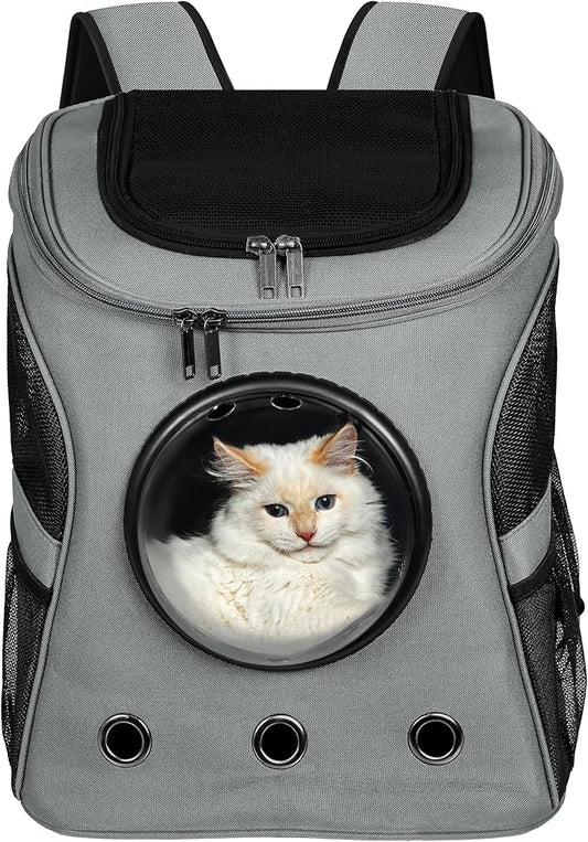 Cat Backpack Carrier, Airline Approved, Space Capsule Bubble Design, Ideal for Cats & Dogs up to 28-35 lbs, with Strong Straps, Safety Zippers, Mesh, Comfortable for Hiking & Travel (Grey)-PawvioPets
