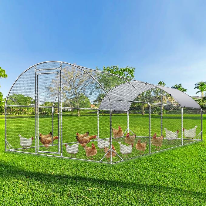 4ever2buy Large Metal Chicken Coop with Run Walk-in Poultry Cage Chicken Runs House Pen Cage Dome Roofed Chicken Coops with Anti-Ultraviolet Cover for Outdoor Backyard Farm Use 9.5'W x 19.3'L x 6.3'H-PawvioPets