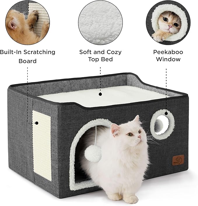 Bedsure Large Cat Beds for Indoor Cats - Extra Wide Cat Cube House for Small Pet with Fluffy Ball Hanging and Scratch Pad, Foldable Pet Cave Hideaway for Multiple Cats, 23.6x16.9x13 inches, Dark Grey-PawvioPets