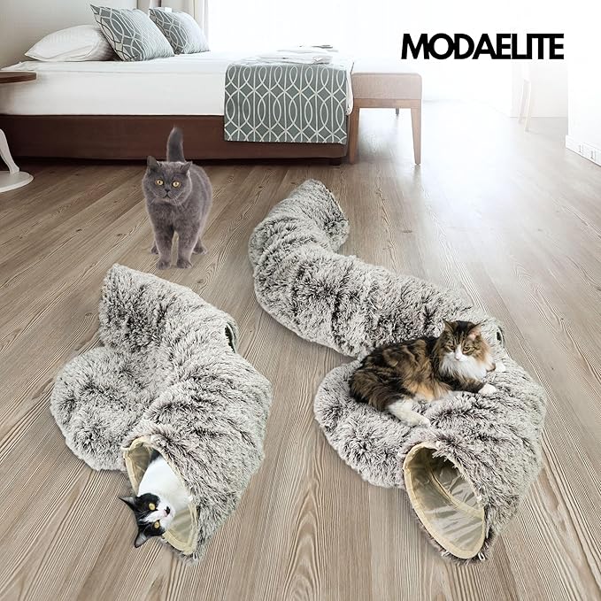 Cat Donut Bed with Washable Cushion – Cat Caves for Indoor Cats – Collapsible Donut Bed with Peekaboo Pet Tunnel Toy – Cozy Hideout for Kittens, Ferrets, Rabbits & Dogs - Brown-PawvioPets