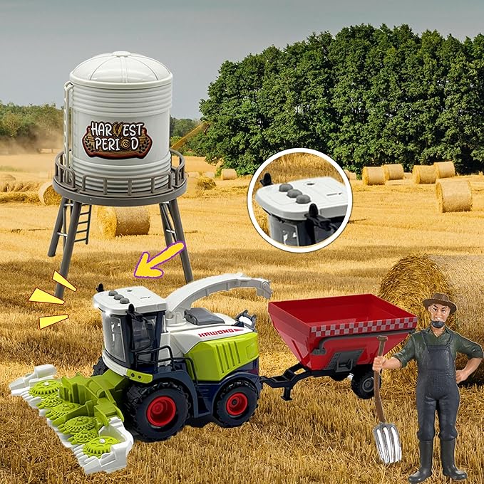Farm Animals Toys Set Barn Toy Combine Harvester Tractor with Trailer Horse Stable Grain Bins Horse Cow Farmer Figures Fence Playset for Kids Toddlers Boy Girl 3-7 Years Old-PawvioPets