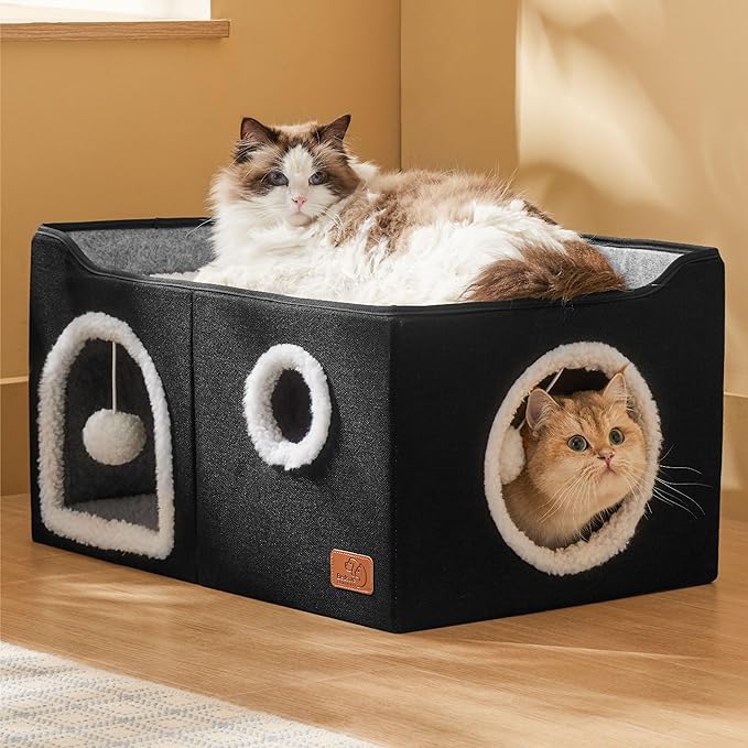 Bedsure Large Cat Beds for Indoor Cats - Extra Wide Cat Cube House for Small Pet with Fluffy Ball Hanging and Scratch Pad, Foldable Pet Cave Hideaway for Multiple Cats, 23.6x16.9x13 inches, Black-PawvioPets