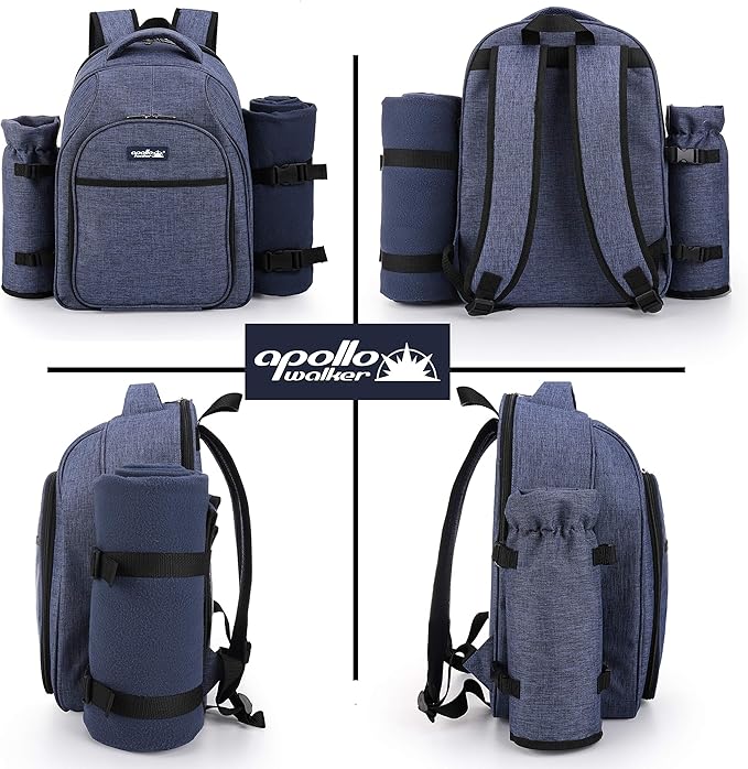 Apollo Walker Picnic Backpack Bag for 2 Person with Cooler Compartment, Detachable Bottle/Wine Holder, Fleece Blanket, Plates and Cutlery Set (2 Person, Navy)-PawvioPets