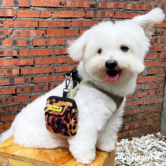 Dog Treat Pouch for Pet Walking and Training with Clicker Poop Bags and Double Bag Design Small Fanny Zipper Pack Holder for Puppy Snack Dispenser Kit for Leash and Outdoor Use Leopard Print-PawvioPets