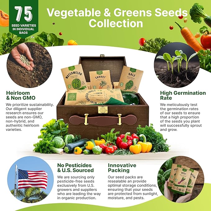75 Vegetable & Greens Seeds Variety Pack, Garden Seed Starter Kit - Over 44,700 Non-GMO Heirloom Seeds for Planting Vegetables and Greens, Gift Seed Box with Gardening Supplies, Survival Kit-PawvioPets