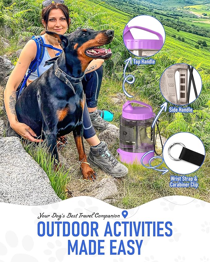 77oz Dog Travel Water Bottle, Large Portable Dog Water Bowl Dispenser, Leakproof Pet Drinking Bottle Dispenser for Hiking Camping Walking Travelling Beach Car Trips, No Spill, BPA Free,Purple-PawvioPets