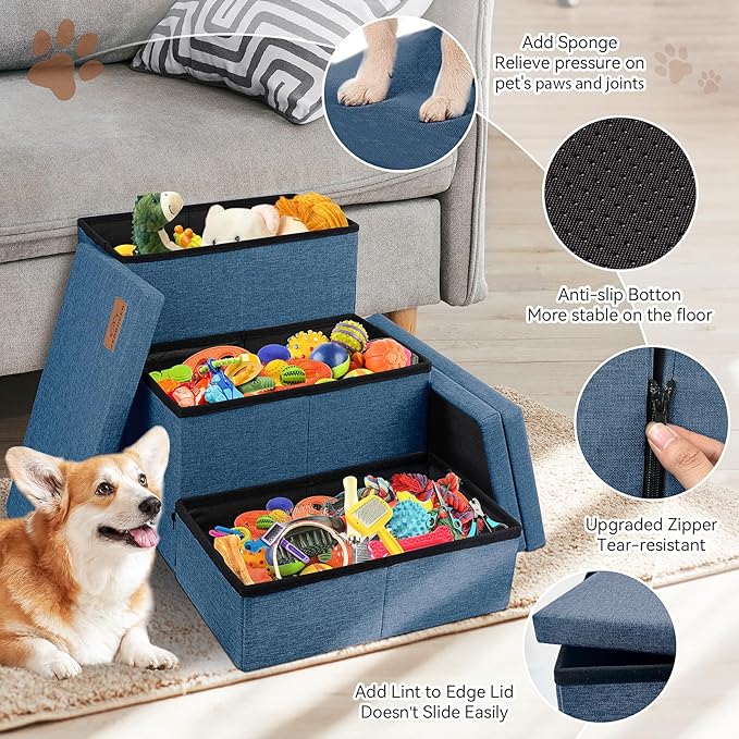 Dog Stairs with Storage 18" H, 3-Step Wider Dog Steps for Large/Medium/Small Older Dogs Cats, Folding Sturdy Pet Stairs Climbing Bed or Couch, Ramp for Car Up to 200 lbs, Navy, No Condo-PawvioPets