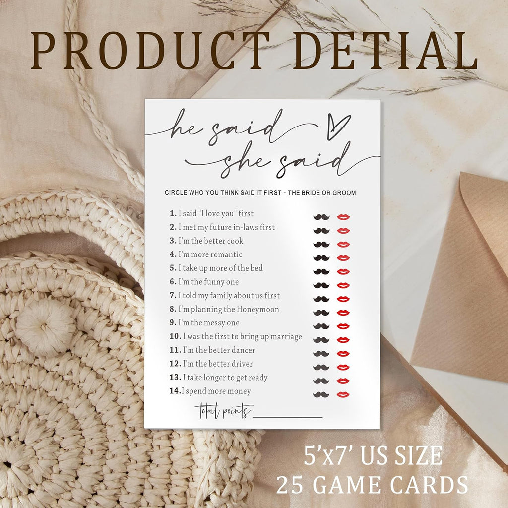Fun Bridal Shower Games Set 25 Weddin Games Cards He Said She Said with Fun Bride and Groom Trivia Favors for 25 Guests, Minimalist White Wedding Party Supplies - A09