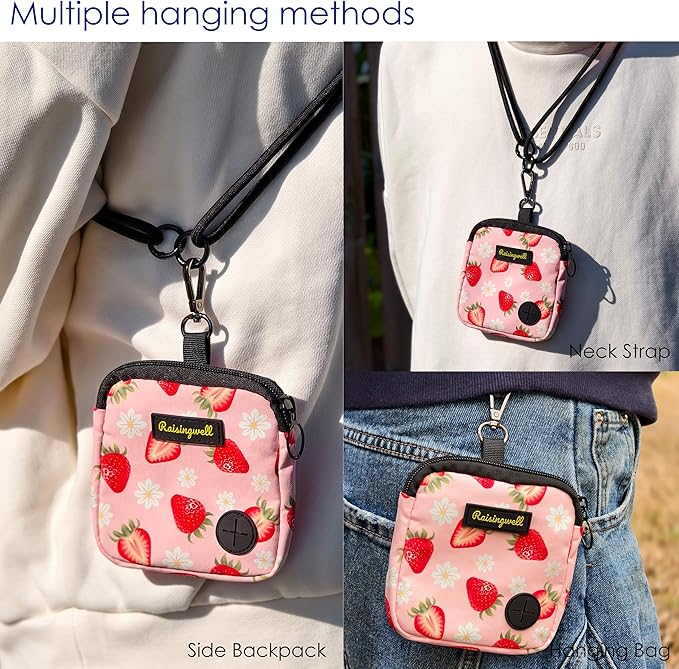 Dog Treat Pouch for Pet Walking and Training with Clicker Poop Bags Small Fanny Zipper Pack Holder for Puppy Snack Dispenser Kit for Leash and Outdoor Use (Strawberry)-PawvioPets