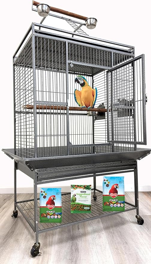 Extra Large Elegant and Durable Wrought Iron Climbing Ladder Perch Stand Play Top Ground Bird Parrot Metal Cage Around Seed Guard Storage Shelf with Heavy Duty Lockable Rolling Wheels-PawvioPets