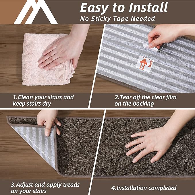 COSY HOMEER Edging Stair Treads Non-Slip Carpet Mat 28inX9in Indoor Stair Runners for Wooden Steps, Edging Stair Rugs for Kids and Dogs, 100% Polyester TPE Backing (4pc, Brown)-PawvioPets