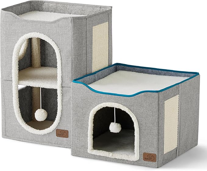 Bedsure 2 Story Cat House - Cat Condos for Indoor Cats with Scratch Pad and Fluffy Ball Hanging, Small Pet Cave Furniture Hideaway for Multi Pets, 18x14x23 inches, Grey-PawvioPets