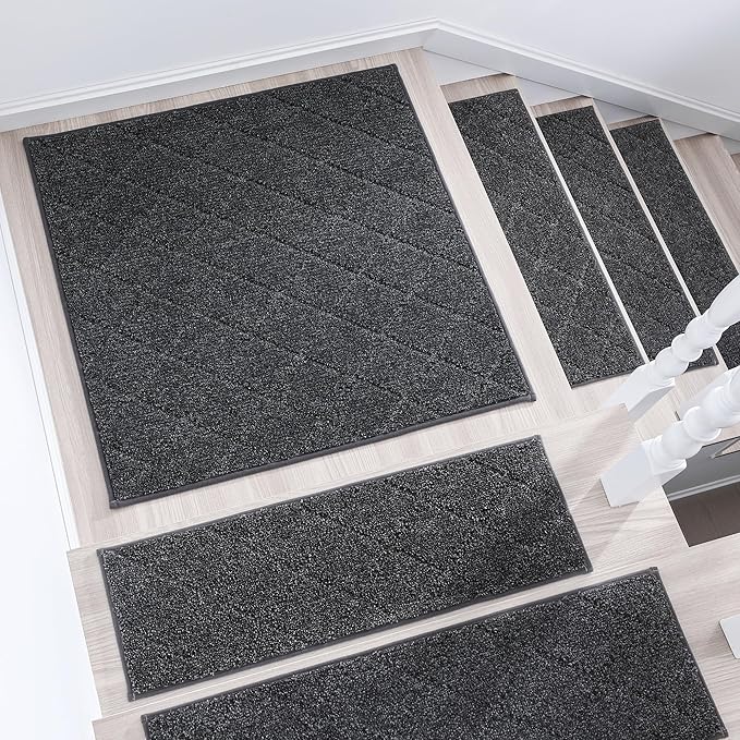 COSY HOMEER Edging Stair Treads Non-Slip Corner Indoor Stair Runners for Wooden Steps,Landing Slip Resistant Stair Rugs Mat for Kids and Dogs,100% Polyester TPE Backing,Black,30x30 inch-PawvioPets