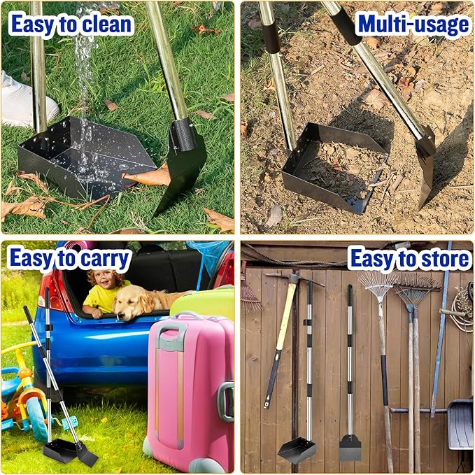 Dog Pooper Scooper,Tray and Spade Set Poop Scooper for Dogs, Adjustable Long Handle Metal Pooper Scooper with Bin for Pet Waste Removal, No Bending Clean Up for Medium and Large Dogs-PawvioPets