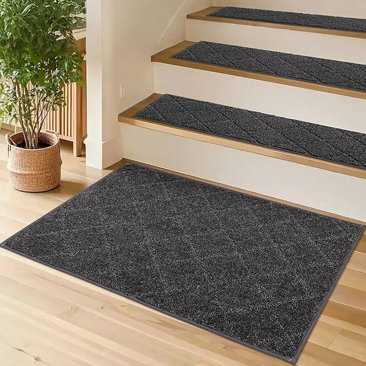 COSY HOMEER Edging Stair Treads Non-Slip Corner Indoor Stair Runners for Wooden Steps,Landing Slip Resistant Stair Rugs for Kids and Dogs, 100% Polyester TPE Backing,Black,20"X32"-PawvioPets