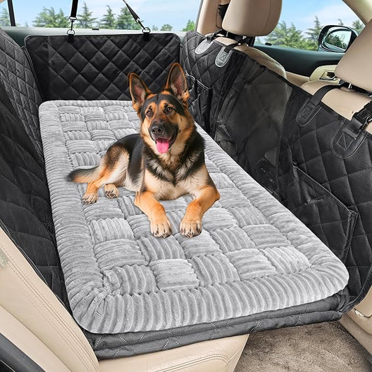 Dog Car Bed Mat, Non-Slip Backseat Extender Pet Blanket, Plaid Dog Bed for SUVs, Sedans & Trucks, Chew-Resistant Travel Pad for Dogs, Easy Clean & Scratch-Proof & Comfort (50"x24.6") Light Gray-PawvioPets
