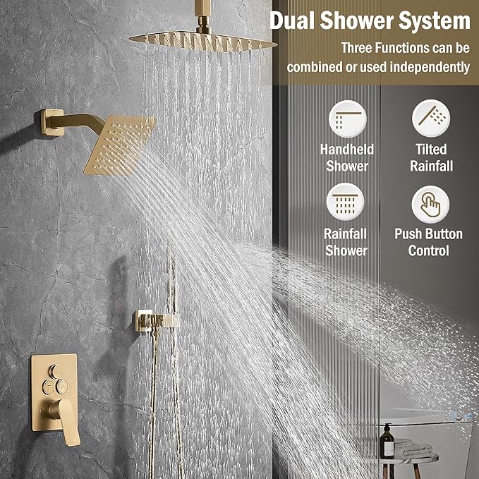 12 Inch Rain Shower System, Brushed Gold Shower Faucet Set with Push Button Diverter, 6 Inch Wall Mounted 3-Functions Bathroom Shower Systems with Dual-Function Handheld-PawvioPets