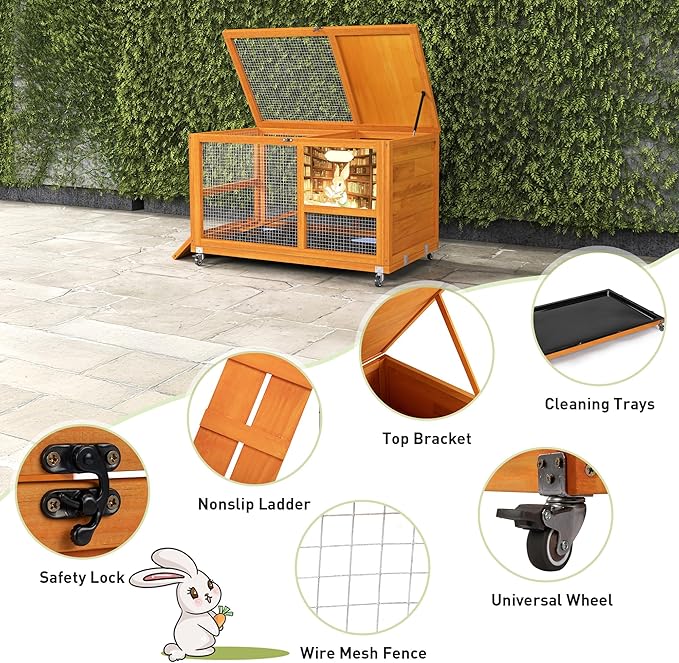 COZIWOW Wooden 36Inches Rabbit Hutch Indoor with Wheels Bunny Cage Outdoor Rabbit Cage with Clean Tray, Openable Roof, Anti-Slip Ramp for Small Bunny (Orange with Pattern)-PawvioPets