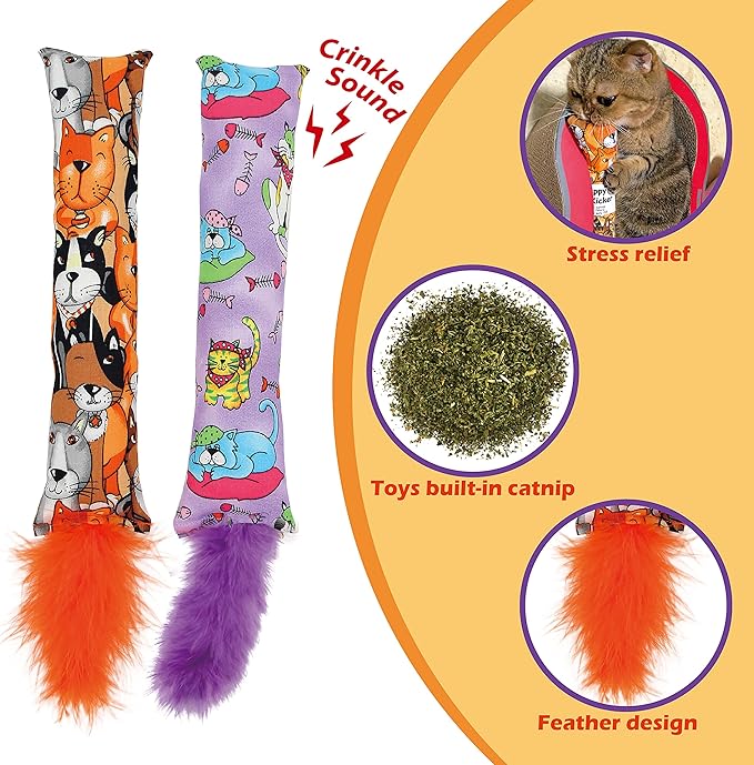 2 Pack Natural Interactive Catnip Cat Kicker with Feathers, Bite Resistant Chew Toy, Crinkle Kicker, Accessories for Indoor Cat-PawvioPets