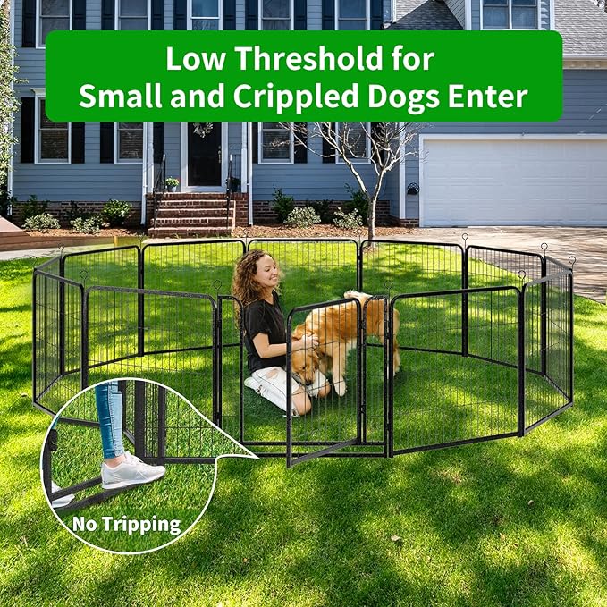 Dog Playpen Outdoor Extra Wide 12 Panels Heavy Duty Dog Fence 32" Height Anti-Rust with Doors Portable for RV Camping Yard, Total 32FT, 79 Sq.ft, Snowy Black-PawvioPets