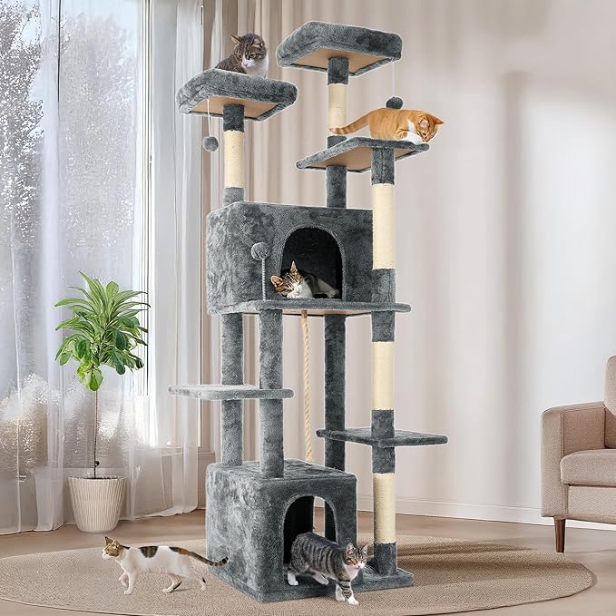 69in Large Cat Tree Tower for Indoor Cats with Soft Plush Hang Ball, Two Condos, Sisal Scratch Posts & Rope Play for Kittens/Adult Cats, Grey-PawvioPets