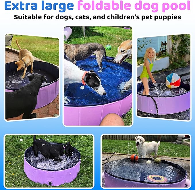 2025 Updated Foldable Dog Pool, 97" x 12" Kiddie Pool with Hard Plastic, Non-Slip Dog Bath Tub for Outdoor Backyard, Collapsible Dog Swimming Pool for Kids Dogs Pets (Pink)-PawvioPets