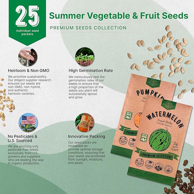 25 Summer Vegetable & Fruit Seeds Variety Pack - 1,870+ Non-GMO Heirloom Veggie & Fruits Seeds for Outdoors and Indoor Home Gardening, Including Collards, Tomato, Pepper, Okra, Onion, Bean, Cucumber-PawvioPets