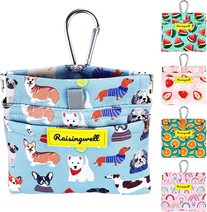 Dog Treat Pouch,Cotton Pocket Sized Training Holder, Hand Free Walking Funny Bag with Carabiner, Self-Closing Pet Feed Snack Reward, Behavior Aids for Puppy Travel or Outdoor Use（Dog Puzzle）-PawvioPets