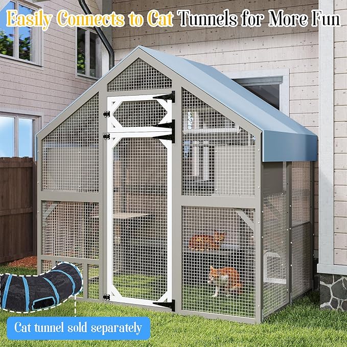 Cat Catio Outdoor Enclosure for Multiple Cats, Large Wooden Walk-in Cat House with Window Connection, 2 Condos, Platforms, Doors, and Weatherproof Roof Cover (69.5" L x 47" W x 71" H)-PawvioPets