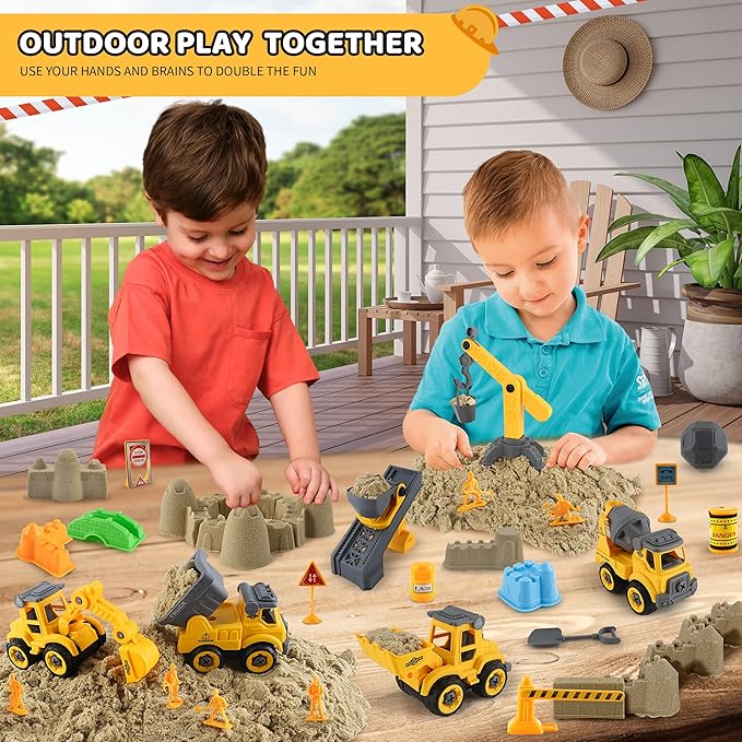 Asoxt 43-Piece Construction Sensory Playset – 2 lbs Play Sand, 4 DIY Trucks, Crane & Road Signs – Creative Sandbox Toy for Kids Ages 3+-PawvioPets