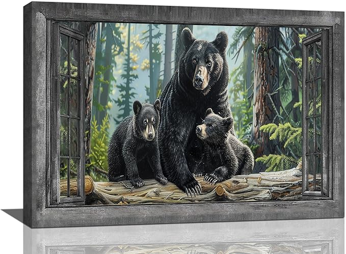 Black Bear Wall Art Forest Window Canvas Cabin Living Room Pictures Prints Animal Wall Decor Painting Artwork for Bedroom Dining Office Home 24"x16"-PawvioPets