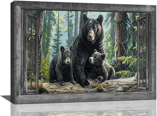 Black Bear Wall Art Forest Window Canvas Cabin Living Room Pictures Prints Animal Wall Decor Painting Artwork for Bedroom Dining Office Home 24"x16"-PawvioPets