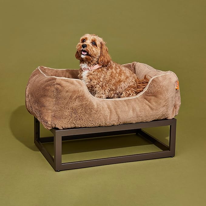 FUZI Luxury Aesthetic Dog Bed with Extra Cover for Medium Dogs, Washable Pet Couch, Pet Bed with Sides, Non-Slip Bottom, Soft & Durable Calming Bed, Faux Rabbit Fur, Medium 31.75x23.6x9.5 Light Brown-PawvioPets