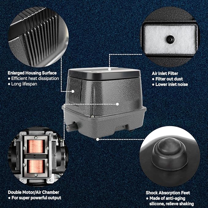 AquaMiracle Linear Air Pump, 635/950/1600/4000GPH Pond Bubbler Septic Air Pump, Energy-Efficient Pond Aerator for Outdoor Ponds, Aquariums, Hydroponics, Waste Treatment-PawvioPets