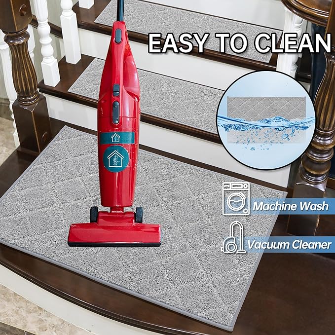 COSY HOMEER Edging Stair Treads Non-Slip Corner Indoor Stair Runners for Wooden Steps,Landing Slip Resistant Stair Rugs for Kids and Dogs, 100% Polyester TPE Backing,Grey,20"X32"-PawvioPets